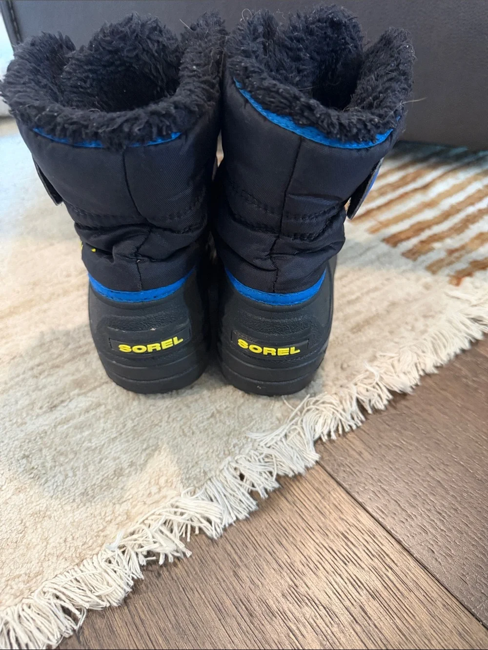 Sorel Kids Black and Blue Waterproof Snow Boots with Yellow Logo